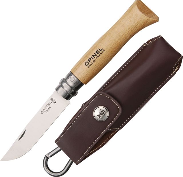 Opinel Stainless Steel Folding Knife and Alpine Sheath Set No.8 3.25in 12C27 MOD Sandvik Stainless BladeVarnished Beechwood Handle