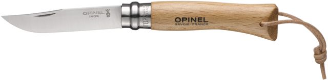Opinel Stainless Steel Folding Knife with Leather Lace No.7 3in Natural Varnished Beechwood Handle