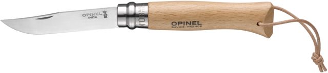 Opinel Stainless Steel Folding Knife with Leather Lace No.8 4 3/8in. Natural Varnished Beechwood Handle