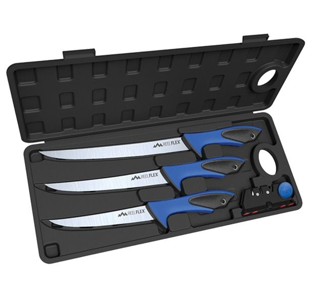 Outdoor Edge Cutlery Reel Flex Pak German 4116 Stainless Steel 6/7.5/9.5in Blade w/ Knife Sharpener and Hard Sided Case - 5 Piece Set Black/Blue