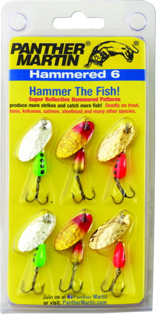 Panther Martin Hammered Regular In-Line Spinner Treble Fishing Hook Size 4/6 1/8oz/ 1/4oz 6 Piece Gold/Silver/Yellow Red