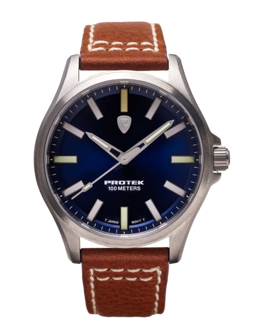 Protek ProTek Titanium Field Watch Titanium Case/Blue Dial/Dark Tan Strap One Size