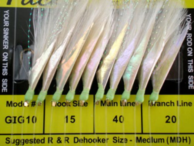 R&R Tackle Sabiki Goggle Eye Rig 10 Hook #15 GOLD Hook S White Feathers with Flash Skin/Gl Bds 15 10 Pack