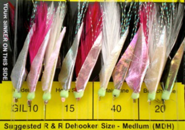 R&R Tackle Sabiki Goggle Eye Rig 10 Hook #15 SS Hook S 40lb 20lb White/Black/Pink Feather with Flash Skin/Glow 15 10 Pack