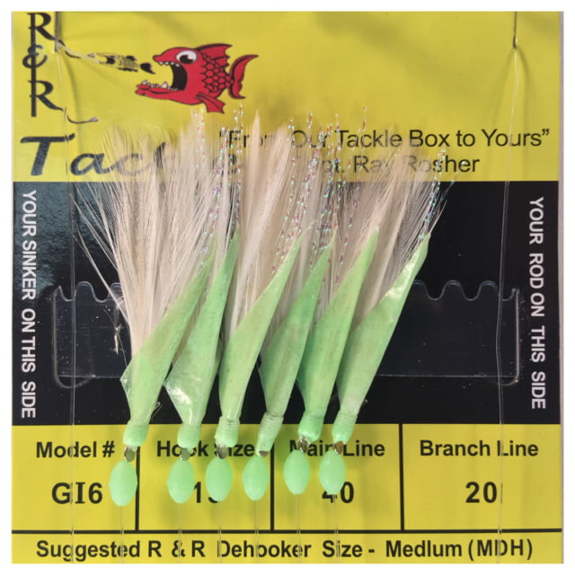 R&R Tackle Sabiki Goggle Eye Rig 6 Hook #15 SS Hook S White Feathers with Flash Skin/Gl Bds Green HEAD 15 6 Pack