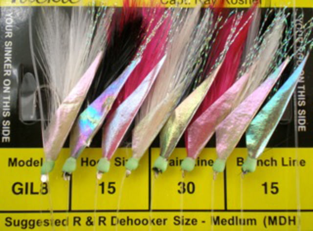 R&R Tackle Sabiki Goggle Eye Rig 8 Hook #15 SS Hook S 30lb 15lb White/Black/Pink Feather with Flash Skin/Glow 15 8 Pack