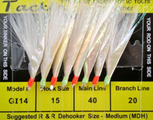 R&R Tackle Sabiki Goggle Eye Rig 8 Hook #15 SS Hook White Feathers with Flash Skin/Gl Bds ALTERNATING 15 8 Pack