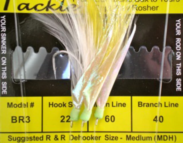 R&R Tackle Sabiki Heavy Blue Runner Rig 3 Hook Size #22 SS Hook S 40lb 20lb 2White/1Yellow Feather/Green Gl Heads 22 3 Pack