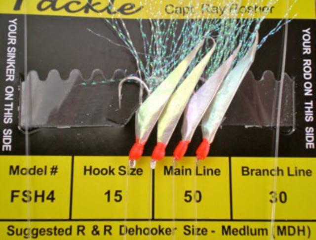 R&R Tackle Sabiki Rig 4 Hooks Size #15 SS Hook 50lb 30lb Fish Skin with Rainbow Flash/Brt Red Head 15 4 Pack