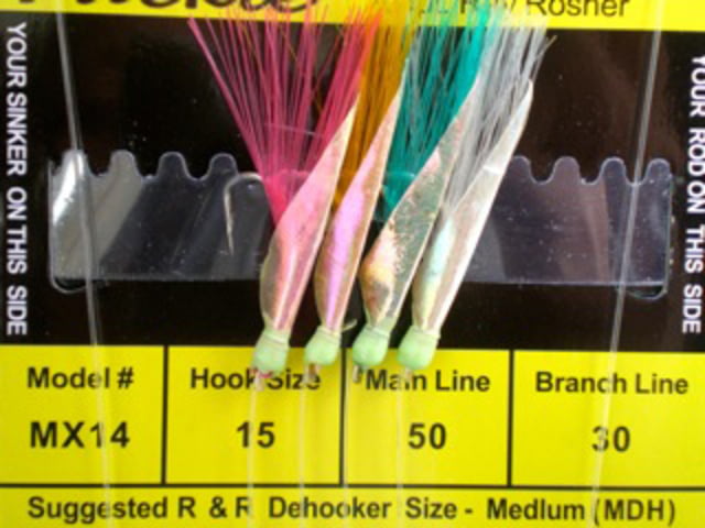 R&R Tackle Sabiki Rig 4 Hooks Size #15 SS Hook 50lb 30lb White/Green/Yell/Pink with Fish Skin Green Head 15 4 Pack