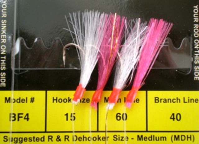 R&R Tackle Sabiki Rig 4 Hooks Size #15 SS Hook 60lb 40lb 2Hot Pink/2White Feather with Red Heads 15 4 Pack