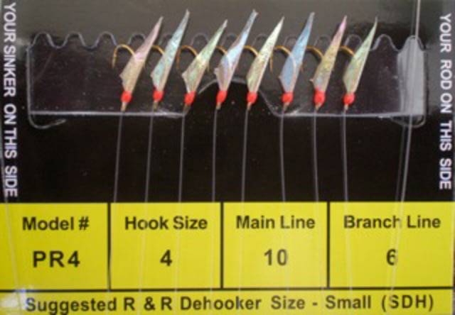 R&R Tackle Sabiki Rig 8 Hooks Size #4 Hook 10lb 6lb Pilchard/Red Fish Skin with Red Head 4