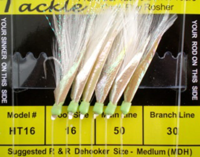 R&R Tackle Sabiki Rig Blue Runner with SS Hook 50lb Main Line 30lb Branch Line White Feathers with Flash Green Gl Heads 16 6 Pack