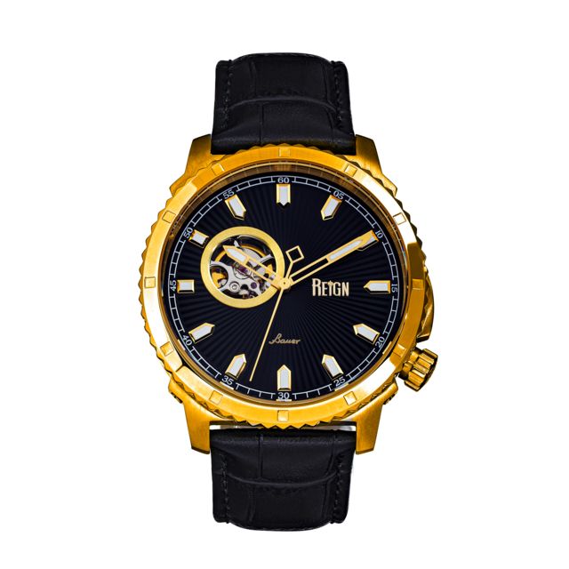 Reign Bauer Automatic Semi-Skeleton Leather-Band Watch Gold/Black One Size