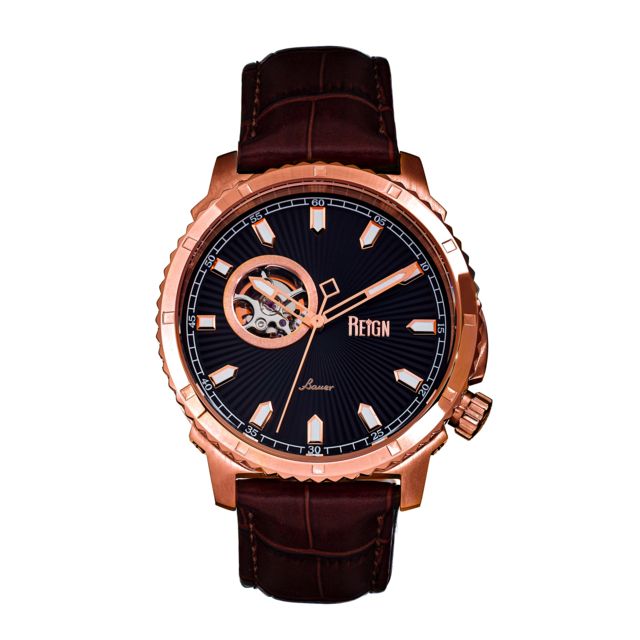 Reign Bauer Automatic Semi-Skeleton Leather-Band Watch Rose Gold/Black One Size