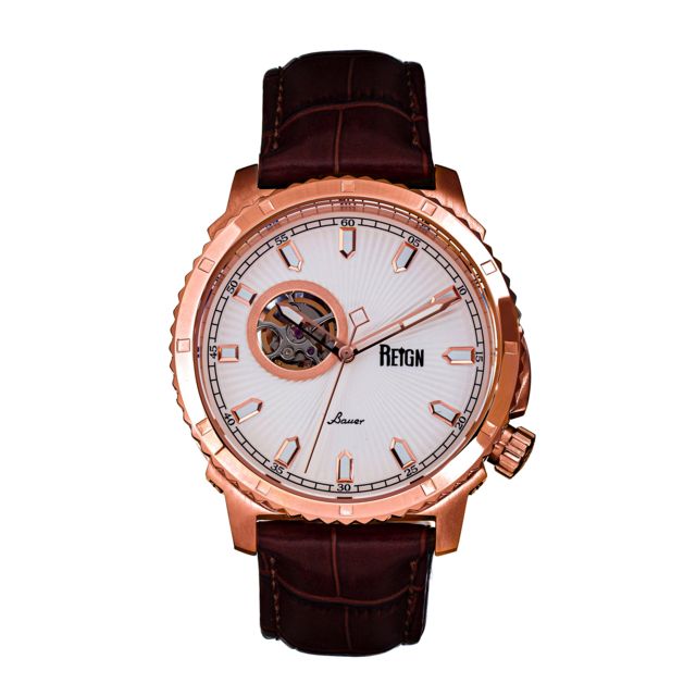 Reign Bauer Automatic Semi-Skeleton Leather-Band Watch Rose Gold/White One Size