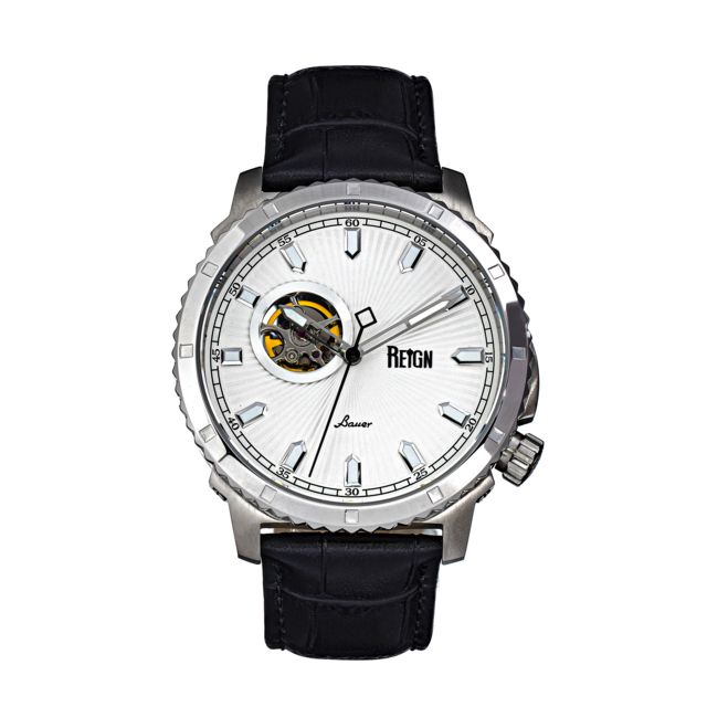 Reign Bauer Automatic Semi-Skeleton Leather-Band Watch Silver/White One Size