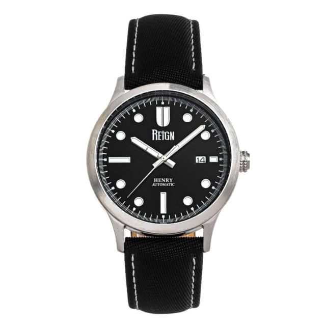 Reign Henry Automatic Canvas-Overlaid Leather-Band Watch w/Date Black - Men's