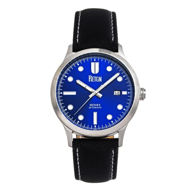 Reign Henry Automatic Canvas-Overlaid Leather-Band Watch w/Date Blue - Men's