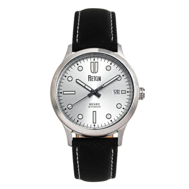 Reign Henry Automatic Canvas-Overlaid Leather-Band Watch w/Date Silver - Men's
