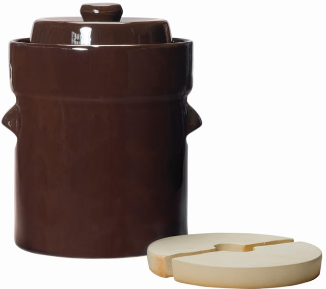 Roots & Harvest Traditional Style Water-Seal Crock Set 10L Fermentation Crock w/Lid & Weights Brown medium