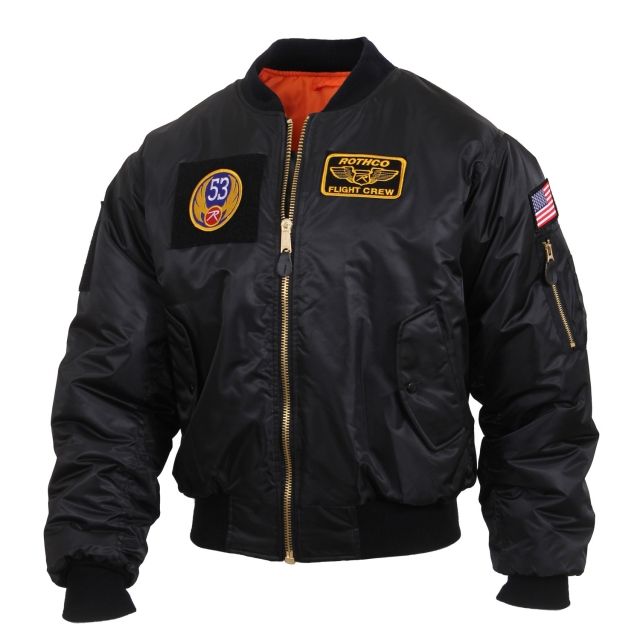 Rothco MA-1 Flight Jacket w/ Patches – Mens Black Large k-L