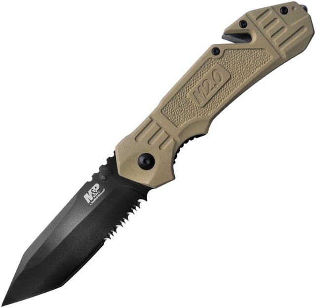 Smith & Wesson M&P Linerlock A/O Folding Knife 4.63in Closed 3.25in Black Partially Serrated SS Tanto Blade Tan Rubberized Aluminum Handle Belt/Cord