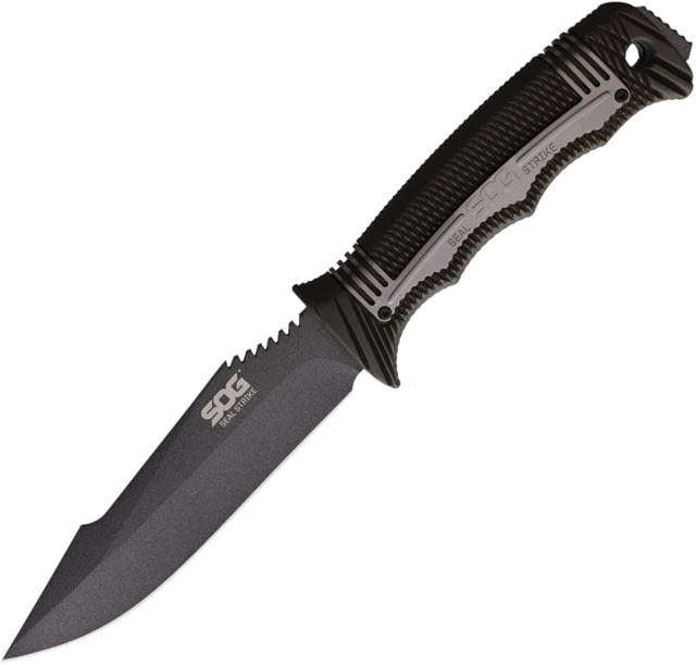SOG Specialty Knives & Tools SEAL Strike Fixed Blade Knives 4.9in AUS-8 Plain Black Clip Point Blade Black GRN Handle w/ Stainless Onlay Molded Sheath