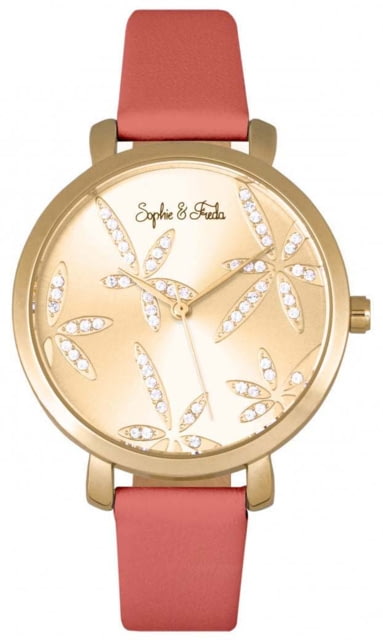 Sophie And Freda Key West Leather-Band Watch w/Swarovski Crystals Gold/Dark Pink One Size