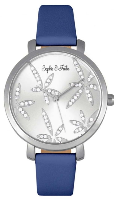 Sophie And Freda Key West Leather-Band Watch w/Swarovski Crystals Silver/Blue One Size