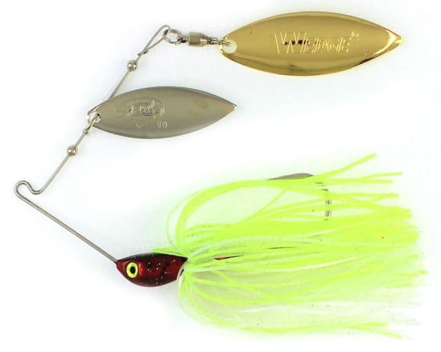 Stanley Jigs Vibra Wedge Code Red Hand Tied Double Willow Blade Spinnerbait Single Fishing Hook 3/8 oz 1 Piece Nickel/Gold Chartreuse/White
