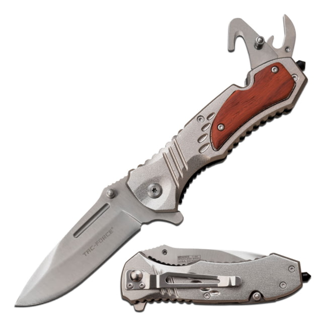 TAC Force Drop Point Spring Assisted Knife w/Can Opener and Cutter 3.25 in 3Cr13 Stainless Steel Stainless Steel Silver/Brown