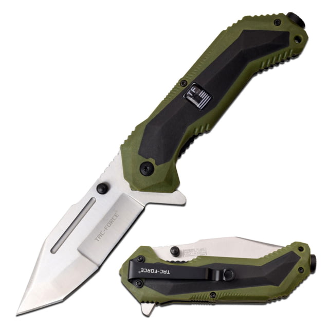TAC Force Linerlock Green A/O Folding Knife 5in Closed 3.75in Satin 3Cr13 SS Tanto Blade Green Frn Handle With Black Rubber Onlay Thumb Stud Pocket