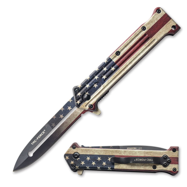 TAC Force Spear Point Spring Assisted Knife w/Pocket Clip 3 in 3Cr13 Stainless Steel Stainless Steel Satin Flag