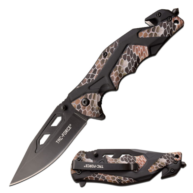 TAC Force Spring Assisted Knife w/Cutter and Glass Breaker 3.5 in 3Cr13 Stainless Steel Stainless Steel Drop Point Camo/Black