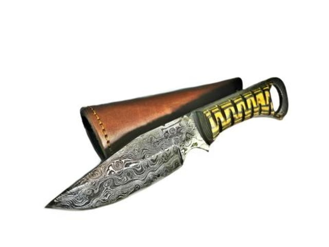 Titan International Knives Damascus Diamond Wood Steel Fixed Blade Knife 8 inch