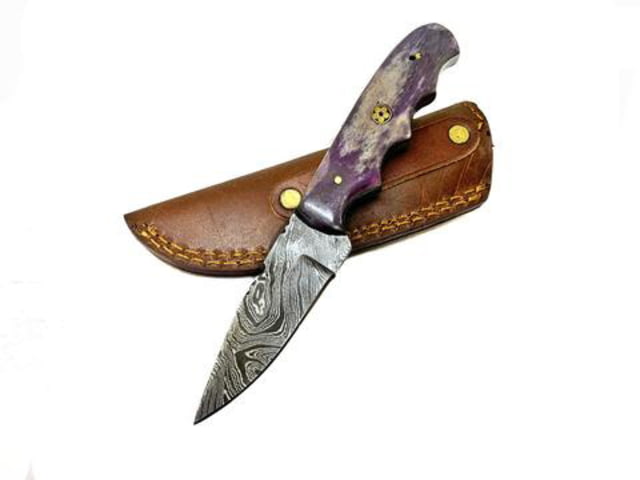 Titan International Knives Damascus Dyed Purple Bone Handle Drop Point Fixed Blade Knife 8 inch