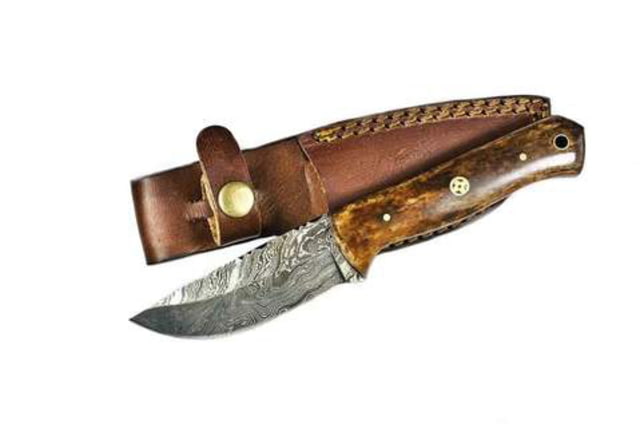 Titan International Knives Damascus Knife Hunting Style Fixed Blade Knife w/ Leather Sheath 8 inch