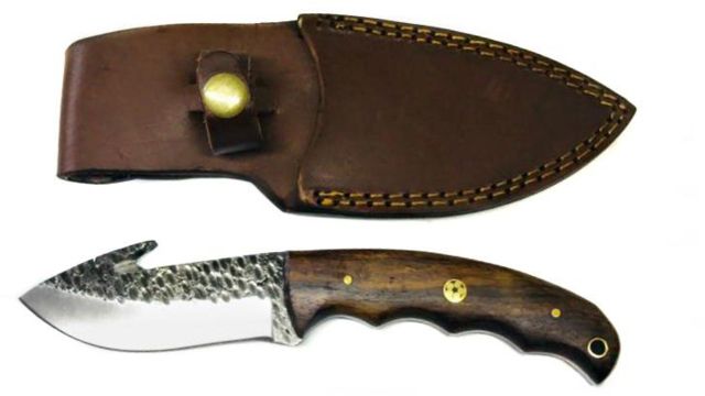 Titan International Knives Hand Forged Custom Carbon Blade - Gut Hook Skinner 4in Blade Rose Wood Handle 9in Overall