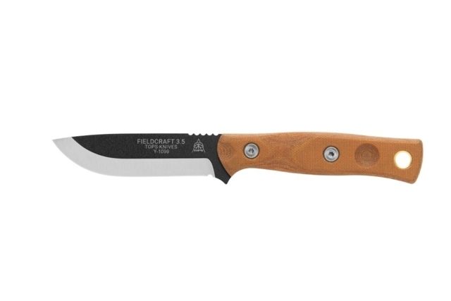TOPS Knives Fieldcraft 3.5 Fixed Blade Knife 3.75in 1095 RC 56-58 Steel Blade Tan Canvas Micarta Handle w/Fire Starter Piggy Back
