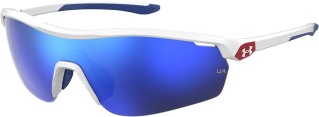 Under Armour Gametime JR Sunglasses with Shiny White Frame and Royal Temple Tips with Baseball Tuned Blue Mirror Lens Medium  6HT-W1