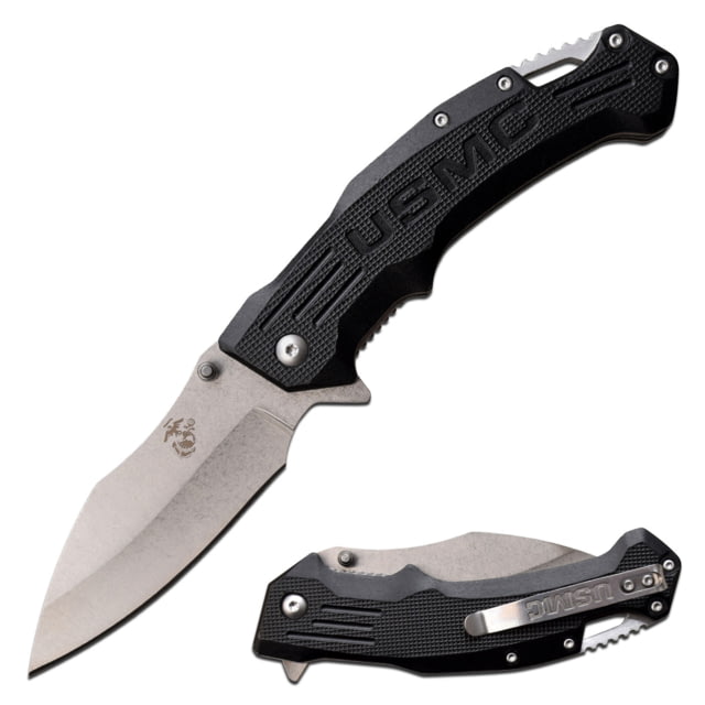 USMC Drop Point Spring Assisted Knife w/Pocket Clip 3.5 in 3Cr13 Stainless Steel Stainless Steel Black