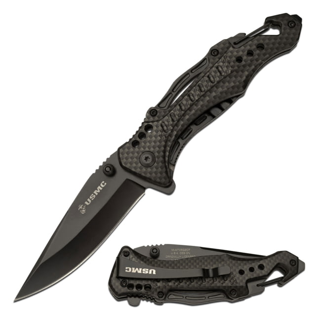 USMC Drop Point Spring Assisted Knife w/Pocket Clip and Bottle Opener 3.5 in 3Cr13 Stainless Steel Stainless Steel Carbon Fiber Pattern