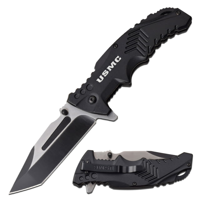 USMC Tanto Spring Assisted Knife w/Pocket Clip 3.5 in 3Cr13 Stainless Steel Stainless Steel Black