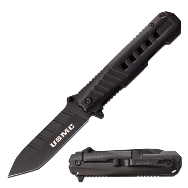USMC Tanto Spring Assisted Knife w/Stampled Pocket Clip 3.75 in 3Cr13 Stainless Steel Stainless Steel Black
