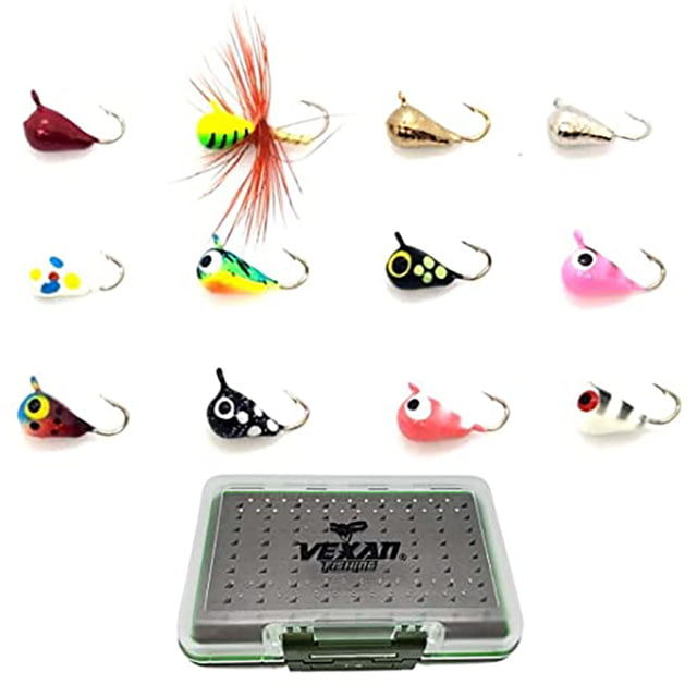 Vexan 12-Pack Tungsten Ice Fishing Jigs w/Free JIG Box Red/Yellow/Gold/Silver/Wonderbread/Green/Black/Pin 1.1g