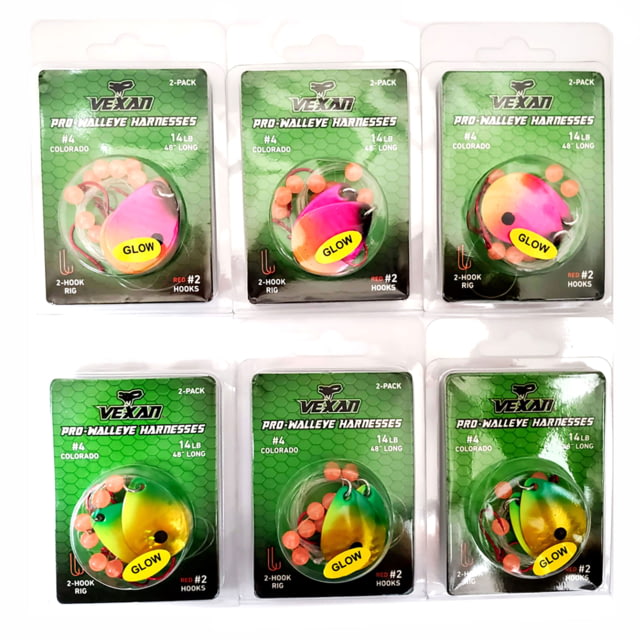 Vexan Two-fer Six 2-Packs Glow Walleye Crawler Harnesses Pink/Orange/Gold/Green 48 in Two-fer #4 WH