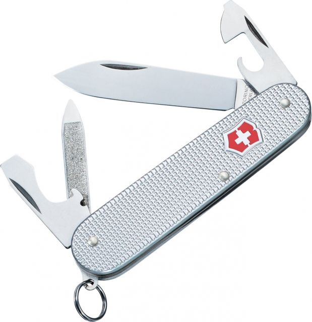 Victorinox Cadet Swiss Army Knife Silver Alox Ribbed w/ Bottle Opener & Wire Stripper - 53042