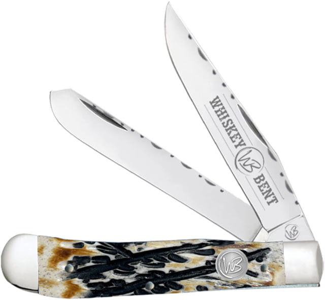 Whiskey Bent Knives Trapper Filework Folding Knife Clip Point & Spey Blades 440 Steel Blade 4.125in Closed Length Natural Bone Handle Carved Burnt