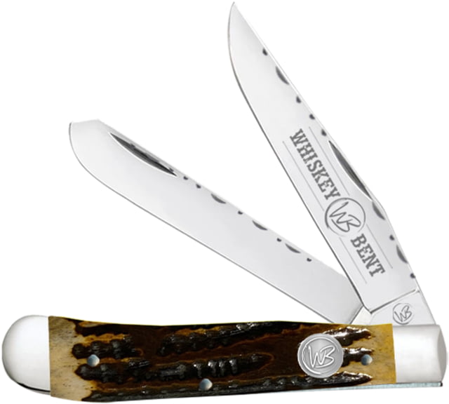 Whiskey Bent Knives Trapper Filework Folding Knife Clip Point & Spey Blades 440 Steel Blade 4.125in Closed Length Natural Bone Handle Honey Badger